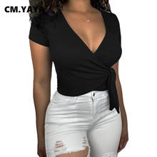 CM.YAYA Women T-shirts Solid Short Sleeve V-neck Bandage Slim Stretchy Crop Tops Sexy Fashion Streetwear Summer Clothing 2021 2024 - buy cheap