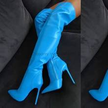 Botas femininas de salto alto, azul, na altura dos joelhos, com zíper ponta alta, feita em camurça falsa, azul, inverno, 2020 2024 - compre barato