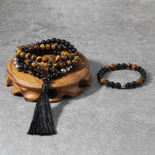 Onyx negro de 8mm, conjunto de Japa Mala, Ojo de Tigre, protector, joyería de meditación, Namaste, Yoga, tesoro de oración budista, 108 cuentas Mala 2024 - compra barato