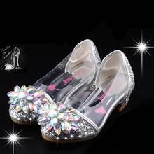 Zapatos de piel con diamantes brillantes para niña, zapatillas de tacón alto de cristal de Cenicienta, a la moda 2024 - compra barato