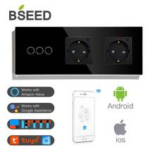 BSEED 3 Gang Wifi Switch Double WiFi EU Sockets With White Black Gloden Crystal Glass Panel Control by Alexa Google Tuya 228mm 2024 - buy cheap