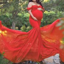 Vestido de maternidade de tule para fotos, vestido longo com algodão + chiffon sem ombro, roupa para mulher grávida, fotosessão 2024 - compre barato