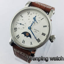 Parnis 43mm masculino topo relógios mecânicos mostrador branco gmt couro mão enrolamento movimento relógio masculino 2024 - compre barato