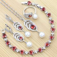 Conjunto de joyería nupcial de plata 925, Circonia cúbica roja, Perla blanca para mujer, pulsera de corazón de boda, collar, colgante, pendientes, anillo 2024 - compra barato