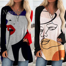 2021 Spring Women Loose Pullover Long Sleeve T-shirt V-neck Face Abstract Print  Loose  Top Fashion Casual Personality Ladies 2024 - buy cheap