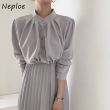 Neploe Elegant Stand Collar Pleated Dress Women French Autumn Drawstring Vestidos Solid Color High Waist Soft Femme Dresses 2024 - buy cheap