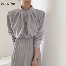 Neploe vestido feminino elegante, plissado, gola alta, outono, cordão, cor sólida, cintura alta, macio 2024 - compre barato