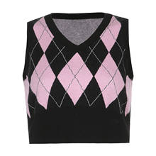 Lançamento moda feminina suéter argyle colete clássico xadrez estampado sem mangas gola em v costela pulôver crop top 2024 - compre barato