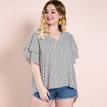 Striped Blouse Women 2020 Fashion Summer V Neck Ruffles Short Sleeve Casual Blouse Plus Size Ladies Tunic Tops 2024 - buy cheap