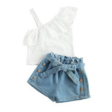 Conjunto 2 peças de roupa de verão para meninas, camiseta plissada com alça um ombro + shorts jeans com cinto 2024 - compre barato