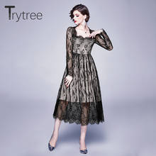 Trytree 2020 Spring Women Dress Casual Square Collar Mid-Calf Lace A-line Print Zipper Fashion Elegant Green Mid-Calf Dress 2024 - buy cheap