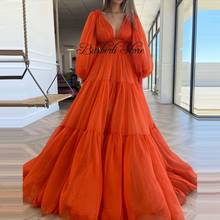 Pretty Coral Red Tulle Mesh A-line Women Dresses Photography V-neck Puff Sleeves Long Sexy Formal Event Party Dress Vestidos 2024 - buy cheap