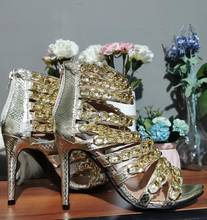 Golden Bling Leather Metal Chains Straps Summer Sandals Boots Female Peep toe Thin High-heeled Gladiator Cut out Bottines Mujer 2024 - buy cheap