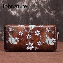 Johnature-billeteras y monederos Retro pintados a mano para mujer, monedero de cuero genuino para teléfono, tarjetero, cartera de mano, novedad de 2021 2024 - compra barato