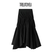 Treutoyeu Design Black Maxi Long Goth Skirt 2020 New Fashion Ruched Mermaid Asymmetric Skirts Womens 2024 - buy cheap