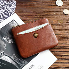 Carteira de couro genuíno com zíper, bolsa para moedas, sólida, pequena, porta-cartões, unissex, de couro de vaca