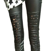 Lady Fitness striped hole fake leather Pants ripped punk Floral lace leggings Stretched black street casual leggings for women 2024 - buy cheap