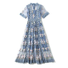 New Summer Runway Flower Embroidery Dress Women's Flare Sleeve Stand Floral Blue Hollow out Embroidered Long Mesh Dresses 2024 - buy cheap