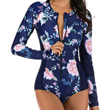 2021 Sport Swimsuit Long Sleeve Swimsuit Large Size Swimsuits Blue Floral Bathing Suit One Piece Rashguard Women Surf Swimwear 2024 - buy cheap