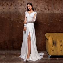 Thinyfull Sexy Side Slit Chiffon Wedding Dress V Neck A Line Long Sleeve Bridal Gown Sweep Train Applique Lace Vestido De Novia 2024 - buy cheap