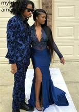 2021 African Mermaid Sapphire Blue Prom Dresses Black Girls Long Sleeves Wear Evening Party Gowns Custom Made Plus Size Prom 2024 - buy cheap