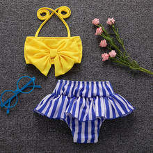 Traje de baño de dos piezas para niños y niñas, bañador con lazo estampado a rayas, conjunto de Bikini para playa, 4 # 2024 - compra barato