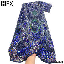 HFX latest navy french net lace nigerian tulle fabric embroidery 5 yards african mesh lace sequins fabrics for party dress H4460 2024 - buy cheap
