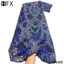 HFX-tela de tul Nigeriano para vestido de fiesta, tejido bordado de malla africana de 5 yardas, con lentejuelas, color azul marino francés, lo último, H4460 2024 - compra barato