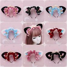 Anime Lolita Cosplay Animal Headband Cute Plush Cat Ears Ruffled Lace Ribbon Bowknot Bell Hair Hoop Masquerade Headpiece 2024 - buy cheap