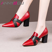 ANNYMOLI High Heel Pumps Genuine Leather Women Thick Heels Shoes Slip On Pointed Toe Shoes Female Dress Footwear Red Spring 2021 2024 - buy cheap
