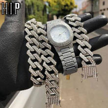 Hiphop-reloj + collar + pulsera de 20MM para hombre, cadena cubana con diamantes de imitación, CZ, rapero ostentoso, joyería, 1Kit 2024 - compra barato