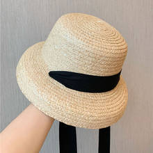 Sombreros Panamá para mujer, sombrero de sol de playa de ala grande con cinturón largo de moda, visera, sombrero de paja de rafia, sombrero de verano 2024 - compra barato