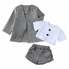 Conjuntos de roupas infantis para meninas de 1 a 6 anos, roupas xadrez de manga curta com calças, casaco formal, 3 peças 2024 - compre barato