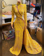 Vestido de noite estilo arábia, vestido amarelo com gola alta e mangas compridas, vestido sexy com corte, vestido de sereia para esquentar o oriente médio 2024 - compre barato
