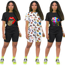 Women's Two Piece Outfits Set 2020 Summer Lady Letter Print Casual Tracksuit Shirt Sexy Top Biker Shorts Jogger 2 Piece Active 2024 - buy cheap