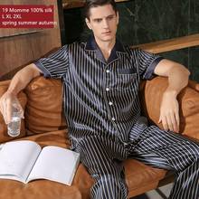 Naizaiga  19 Momme 100% silk navy blue striped short sleeve long pants Men summer  pajamas sleep wear , SKFS26 2024 - buy cheap