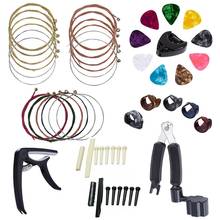 Kit de acessórios para guitarra com 34 peças, incluindo palhetas, capo, cordas acústicas, enrolador de cordas 3 em 1, pinos de ponte, osso de 6 cordas 2024 - compre barato