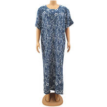 Vestidos azules de algodón 100% para mujer, estampado Floral Vintage, punto, cuello redondo, Manga corta africana, suelto, Maxi, con bufanda 2024 - compra barato