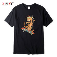 Футболка XIN YI мужская с забавным принтом серфинга и кота, Повседневная Свободная рубашка из 100% хлопка с короткими рукавами, с круглым вырезом 2024 - купить недорого