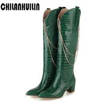 western boots chains pu leather knee high boots for women pointed toe winter long boots women chunky heels cowboy knight boots 2024 - buy cheap