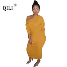 QILI 2019 Autumn Winter Womens Knitting Cotton Dresses O-neck Full Sleeve Pencil Dress Rear Hollow Out Stretch Dress Plus Size 2024 - buy cheap