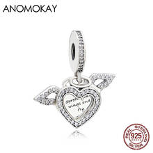 Anomokay Classic Full of White Crystal Angle Wings Heart Silver Charm fit Bracelet Necklace 925 Silver Wing Love Bead Pendant 2024 - buy cheap