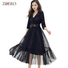 2021 Autumn Korean Women Casual Sashes Pleated Party Dresses Office Lady Long Sleeve Notched Collar Patchwork Mesh Blazer Dress 2024 - buy cheap