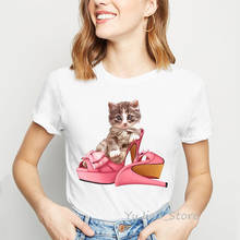 Camiseta com estampa de gato, camiseta de verão para mulheres 2024 - compre barato