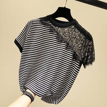 2021 Summer Fashion Stripe T-Shirts Women O-Neck Knitted Tee Shirt Femme Short Sleeve Tops Slim Sexy Hollow Out Black Tshirt 2024 - buy cheap