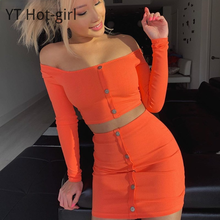 Sexy Spring Off the Shoulder 2 Pcs Set Solid Button Bodycon Female Long Sleeve Top and Summer Autumn Dress Crop Blend Outfit 2024 - buy cheap