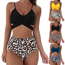 Biquíni feminino estampado de leopardo, roupa de banho com cadarço e gola halter, moda praia para mulheres 2021 2024 - compre barato