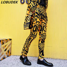 Men's Fashion Yellow Letter Floral Printed Trousers Bar Nightclub Stage Singer DJ Male Hip Hop Casual Pants Slim Fit Pants 2024 - buy cheap