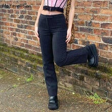 Vintage Striped Long Pants Women Slim Loose Straight Trousers 2021 Spring Elegant High Waist Zipper Black Office Pants 2024 - buy cheap