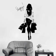Fashion Young Woman Shopping Bag Clothes Shop Vinyl Wall Decal Clothes Store Wall Sticker Sexy Girl Bedroom Home Decor LL2494 2024 - buy cheap